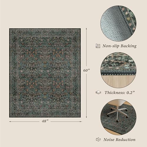 48"x60" Dark Green Office Chair Mat for Hardwood & Tile Floor, Vintage Floral Washable Under Desk Rug with Anti-Slip Backing & Ultra Soft, Floor Protector for Rolling Chairs, Stain Resistant