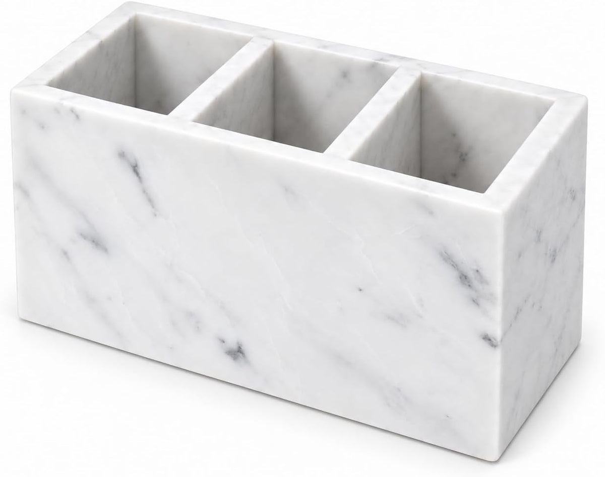 White Marble Pen Holder with 3 Compartments, Natural Stone Desk Organizer