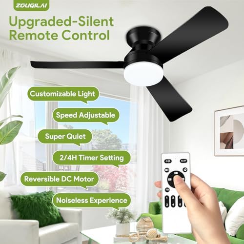 42'' black low profile ceiling fans with lights, close-up detail