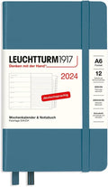 LEUCHTTURM1917 367744 Weekly Calendar & Notebook Pocket (A6) 2024, with Extra Book for Addresses and Anniversaries, Stone Blue, German, 12 Months