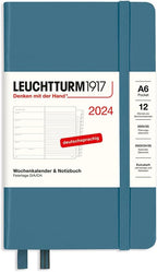 LEUCHTTURM1917 367744 Weekly Calendar & Notebook Pocket (A6) 2024, with Extra Book for Addresses and Anniversaries, Stone Blue, German, 12 Months