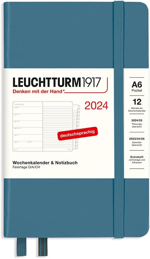 LEUCHTTURM1917 367744 Weekly Calendar & Notebook Pocket (A6) 2024, with Extra Book for Addresses and Anniversaries, Stone Blue, German, 12 Months