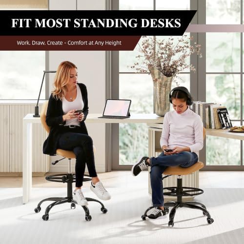 Drafting Chair with Back Support, Tall Desk Rolling Stool (Khaki, Set of 4)