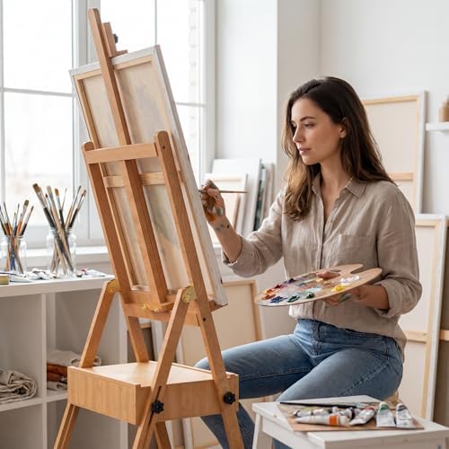 large beech wood h-frame easel,painting easel with storage,up on a desk or shelf