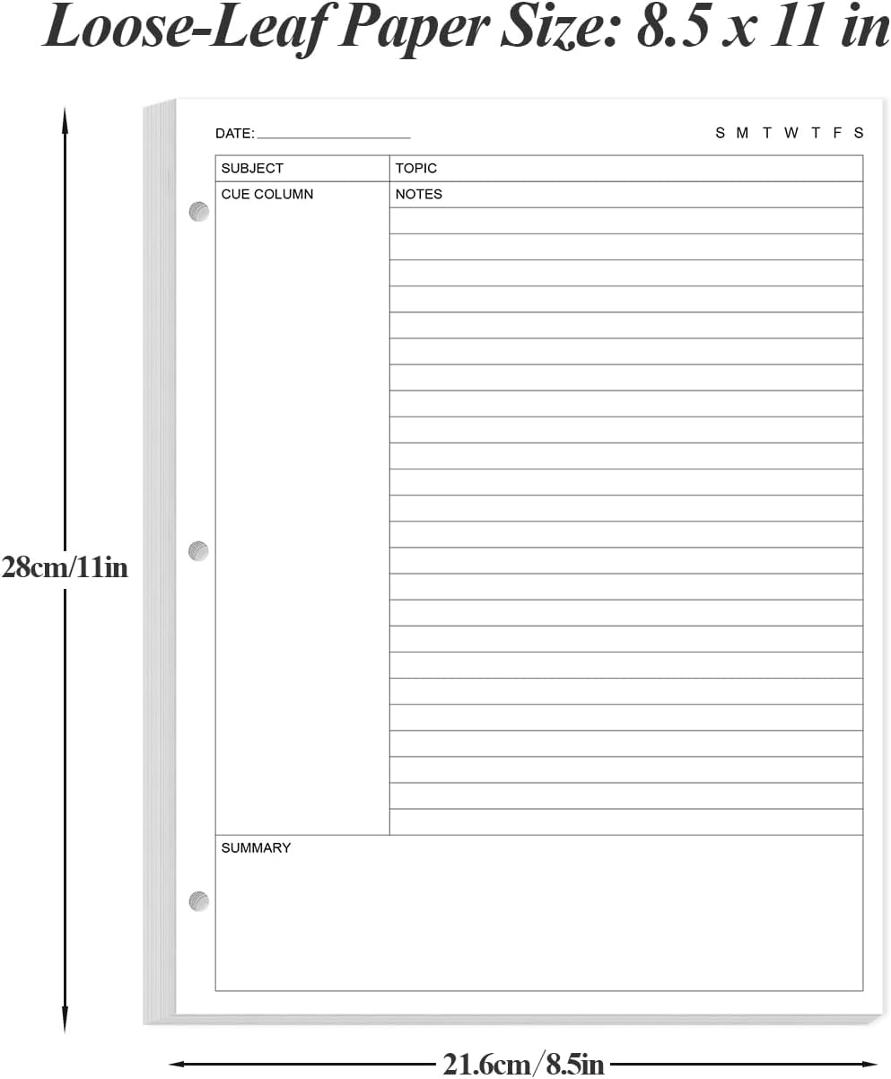 A4 Cornell Notes Filler Paper - 3 Hole Cornell Notes Loose Leaf Paper, 50Sheets / 100Pages, 100gsm, White, 8.5'' x 11''