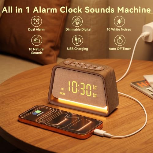 vivilumens alarm clock with white noise machine night, front angle view
