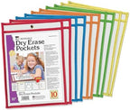 Charles Leonard - Reusable Clear Dry Erase Pockets, Holds Worksheets Up To 9 x 12 Inches, Assorted Colored Piping, 10-Pack of Pockets (29010) | 10 Pack | Assorted Colors | 9 X 12 Inches | Pocket Surface Cleans Easily | Pockets Feature a Side Panel