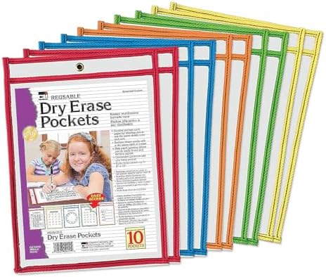 Charles Leonard - Reusable Clear Dry Erase Pockets, Holds Worksheets Up To 9 x 12 Inches, Assorted Colored Piping, 10-Pack of Pockets (29010) | 10 Pack | Assorted Colors | 9 X 12 Inches | Pocket Surface Cleans Easily | Pockets Feature a Side Panel