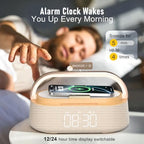 alarm clock bedroom with wireless charger bluetooth speaker shown in use