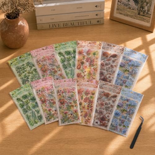 Flower Stickers 576+ PCS Vintage Floral PET with Metal Tweezer | Transparent PET, Waterproof, 36 Sheets Floral Designs, Pre-Cut, Scrapbook Decorations For Scrapbooks & Collage Journals