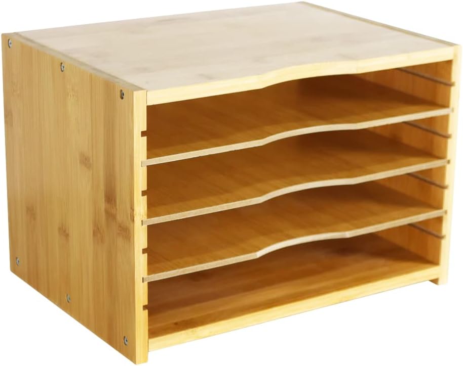 WKWKER File Organizer with 3 Adjustable Shelves Bamboo Document Letter Tray P...