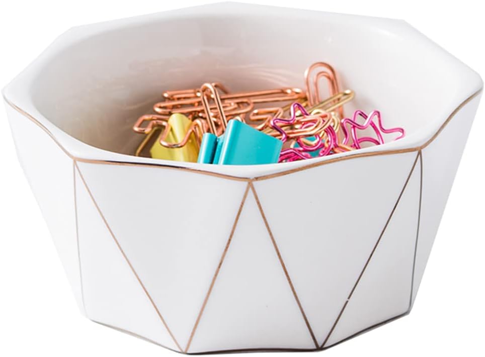 Paper Clip Holder With Gold Line Geometric Ceramic Paper Clip Dispenser for Desk Cute Paper Clip Organizer Office Binder Clip Holder (White)