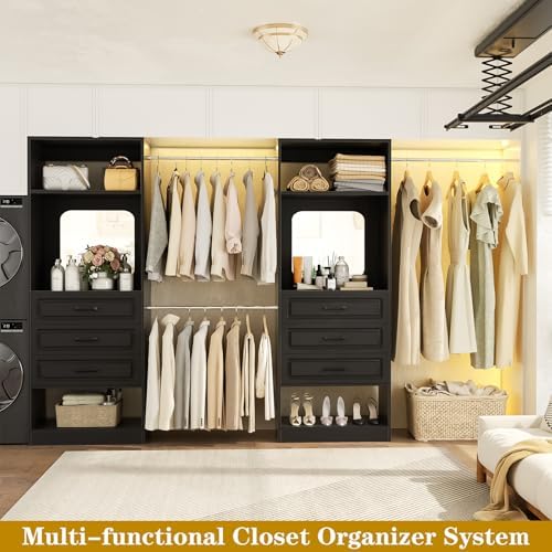 Unikito 6-14FT Wood Closet System with 6 Drawers and Mirror, Black