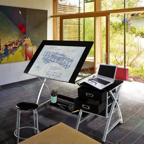 yaheetech drafting table with storage & stool, adjustable, side view
