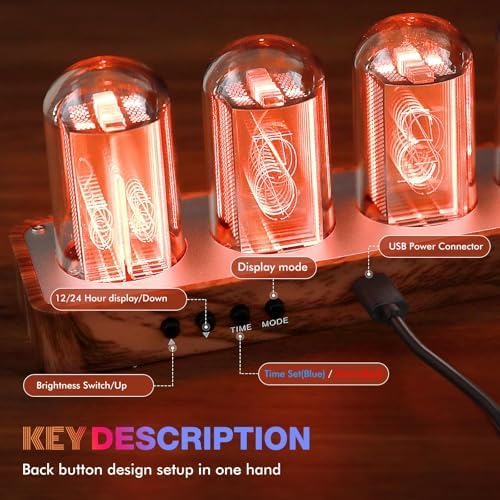 clocteck nixie tube clock with wi-fi sync, alarm showing dimensions