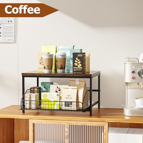KLM Pull Out Spice Rack Organizer for Cabinet,Rustic Wood Top with Wire Baske...