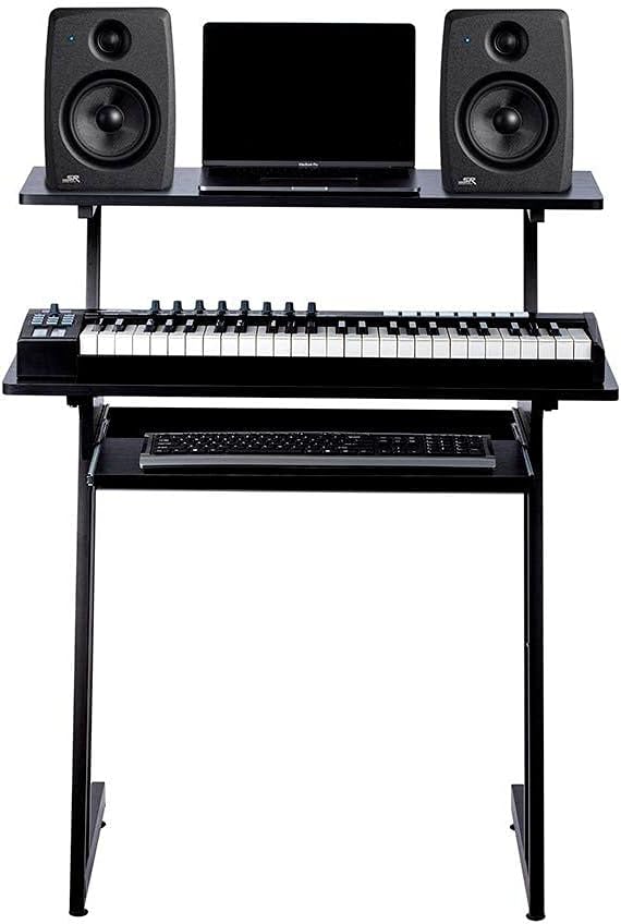 Monoprice Recording Studio Desk - with Raised Platform and Keyboard Tray, Bla...
