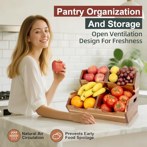 acacia wood pantry storage bins, stackable 3-piece set shown in use