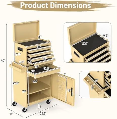 dreamade 5-drawer tool chest combo, rolling tool cabinet, close-up detail
