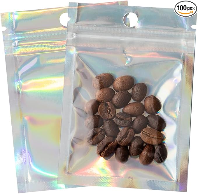 100Pcs Holographic Packaging Bags, 2.7x3.9 inch Resealable Foil Pouch Mylar by Motomy