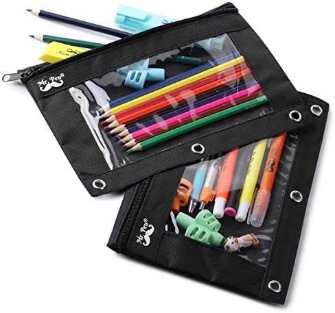 Mr. Pen- Pencil Pouch for 3 Ring Binder, 2 Pack, 10"x6.75", Smooth Zipper | Clear Window, Large Capacity Pencil Case with 3 Reinforced Grommets for School, Office, Supplies Storage