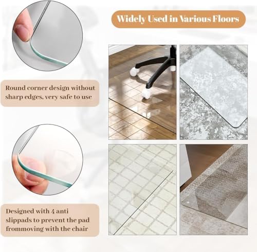 [Tempered Glass] 30" x 48" Glass Office Chair Mat for Carpet | 1/5" Thick Crystal Clear Heavy Duty Hard Floor Mat with Round Corner and Polished Edge, Resist Scratching Cracking Curling