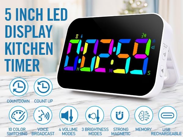 Kitchen Timer（1.5" Number）with Voice Reminder, 10 RGB Color Changing Digital - Image 6