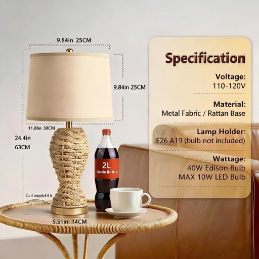 24.4" Boho Table Lamps for Living Room, Bedside Lamp for Nightstands, Ra...