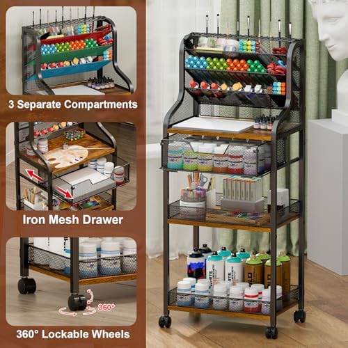 large 7-tier rolling utility cart with drawer, 40in, close-up detail