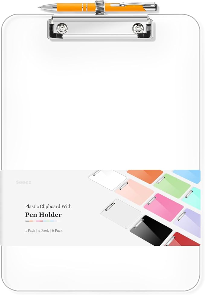 Sooez Plastic Clipboard with Pen Holder, Clip Boards 8.5x11 with Low Profile by Sooez