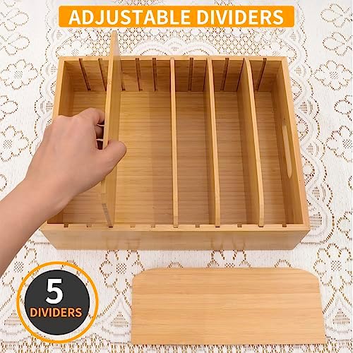 Bamboo Lid Holder Food Container, Kitchen Organizer with 5 Adjustable Divider...