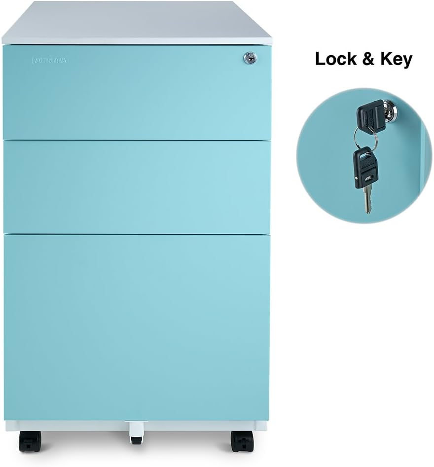 Aurora FC-103BL Fully Assembled Modern Soho Design 3-Drawer Metal Mobile File Cabinet with Lock Key, White/Aqua Blue