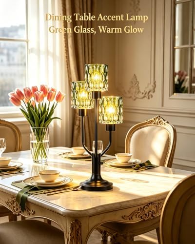 Mid Century Modern Green Glass Table Lamp Dimmable 3 Bulbs Included