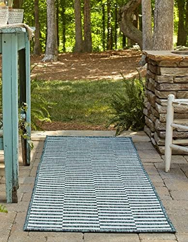 unique loom outdoor striped collection area rug, front angle view