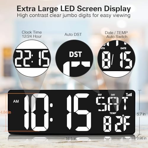 xrexs 16.5 in large display wall clock with showing dimensions