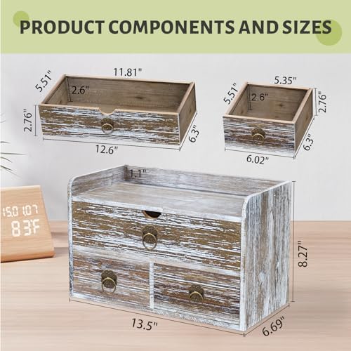 Wood Desk Organizer with Drawer, Washed Brown Wooden Desktop Organizer, Table...