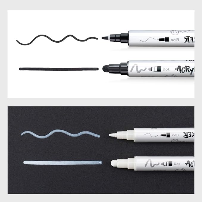TRANSON 4 Black and 4 White Paint Markers Bold and Fine Dual-tip Acrylic Paint - Image 6