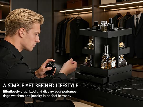 Rotating Cologne Organizer for Men, 3 Tier Wooden Stand with Drawer