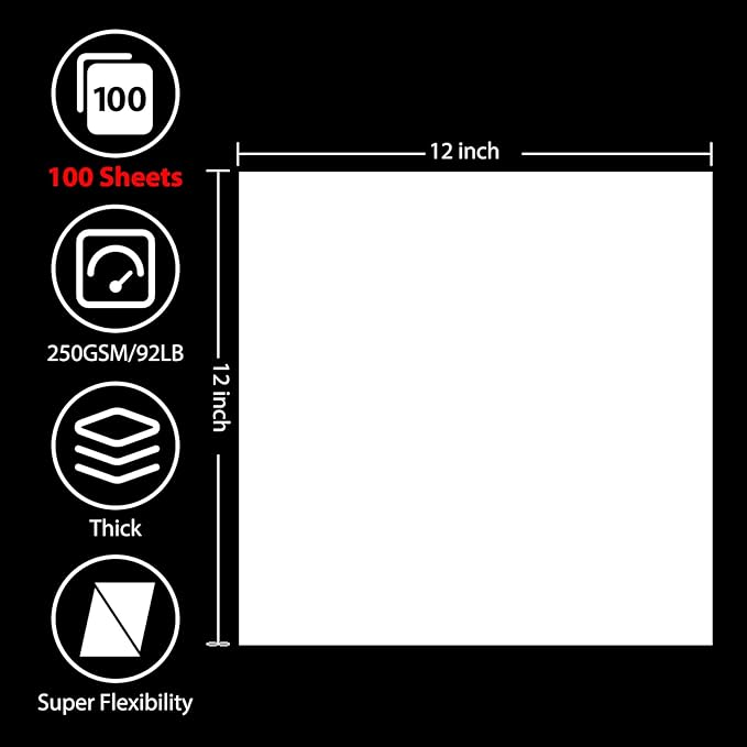 OcePor 100 Sheets White Cardstock 12” x 12”, 92lb/250gsm Black Card Stock - Image 2