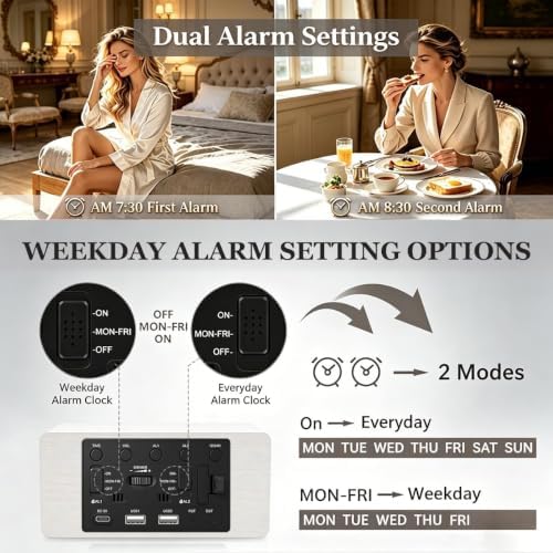 premium white wooden digital alarm clock with wireless on a desk or shelf