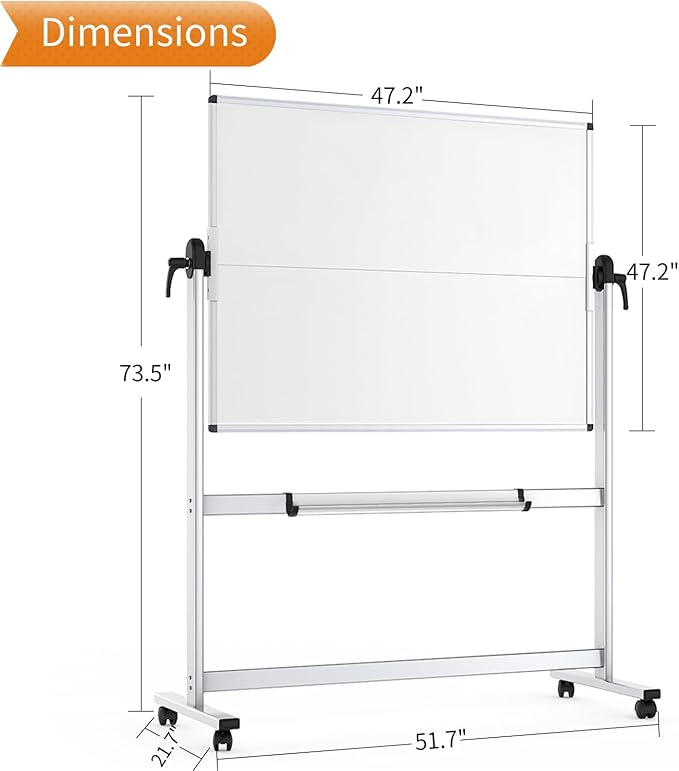 VIZ-PRO Double-Sided Mobile Whiteboard, 48 x 48 Inches, Magnetic Rolling Dry - Image 2