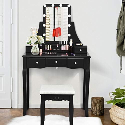 DORTALA Vanity Table Set w/Lighted Mirror, Morden Vanity Dressing Table w/ 10...