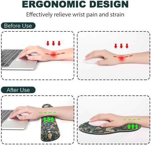 Ergonomic Mouse Pad with Wrist Rest and Keyboard Wrist Rest, Mousepad | Memory Foam Wrist Rest for Computer Keyboard, Pain Relief, Non-Slip Base, Mouse Pad Wrist Support for Gaming, Green Flowers