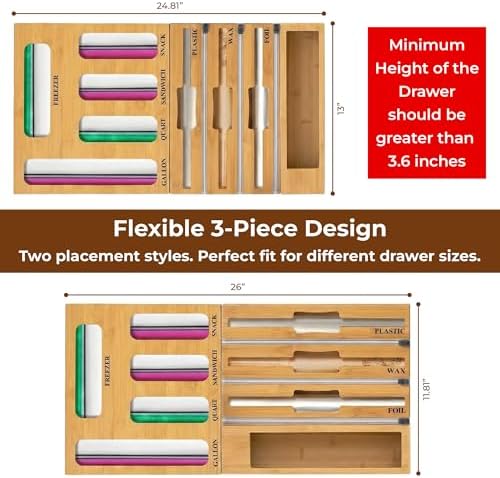 9-in-1 Bamboo Kitchen Drawer Organizer - Storage Bag Holder with Built-In Foi...