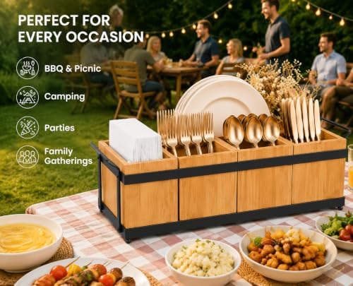 Silverware Holder for Party, Bamboo Utensil Caddy with 5 Removable Bins.