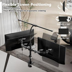 dual monitor stand with led desk lamp,dual monitor, close-up detail