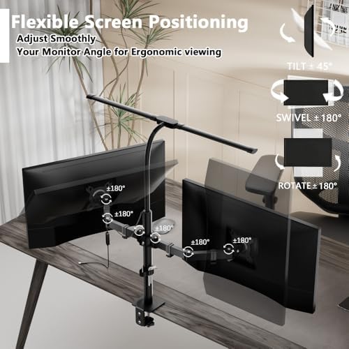 dual monitor stand with led desk lamp,dual monitor, close-up detail