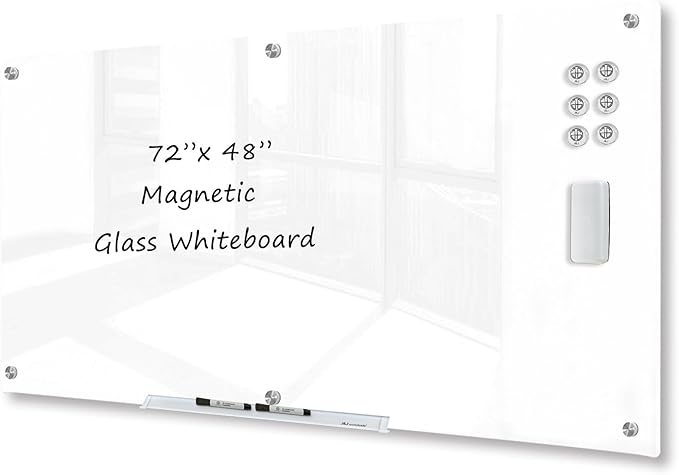 J&J worldwide Magnetic Glass Whiteboard 6' x 4' Ultra White, Large Frameless by JJworldwide
