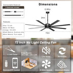 ohniyou 72" black industrial ceiling fans no lights shown in use