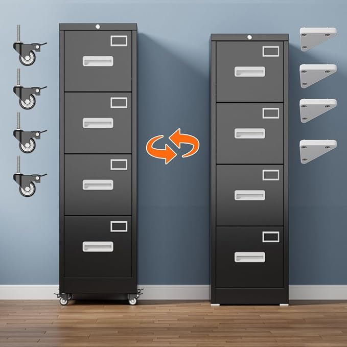 METAN 4 Drawer File Cabinet on Wheels, Lockable Metal Filing Cabinet - Image 7